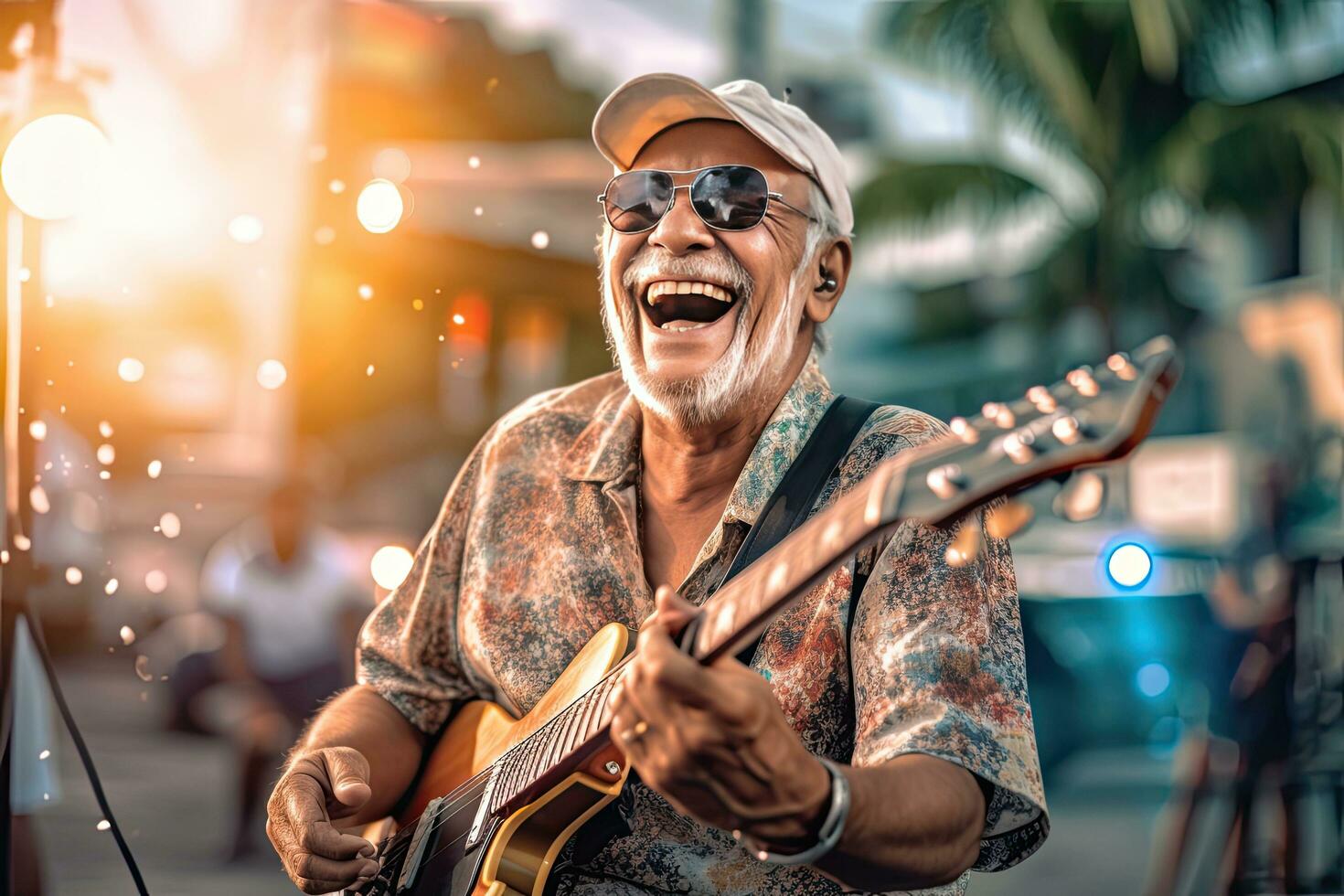 Happy Senior etired , play guitar fun .Generative AI photo