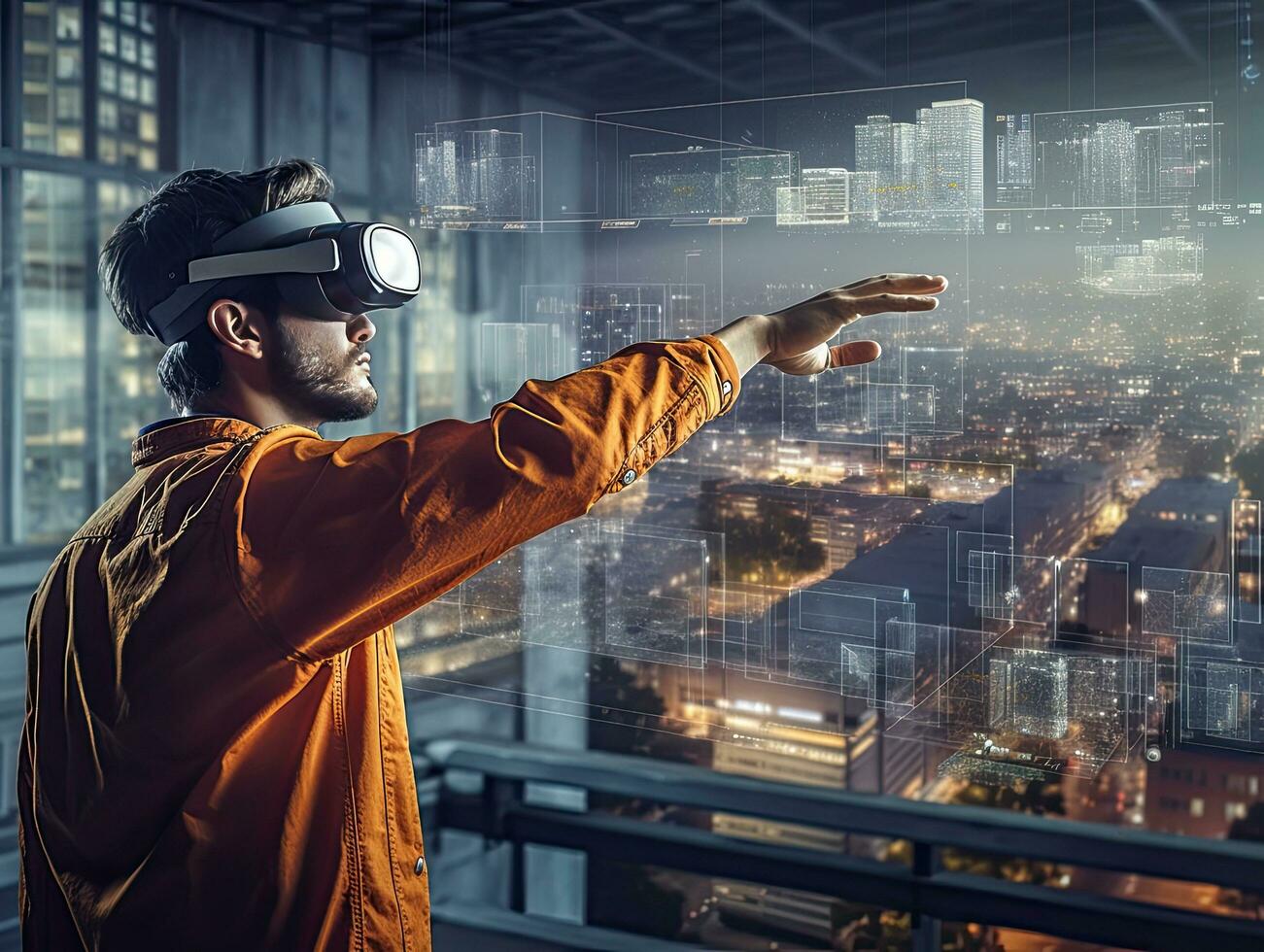 Future architectural engineer man  use gestures to create 3D graphics VFX models of work.created with Generative AI photo