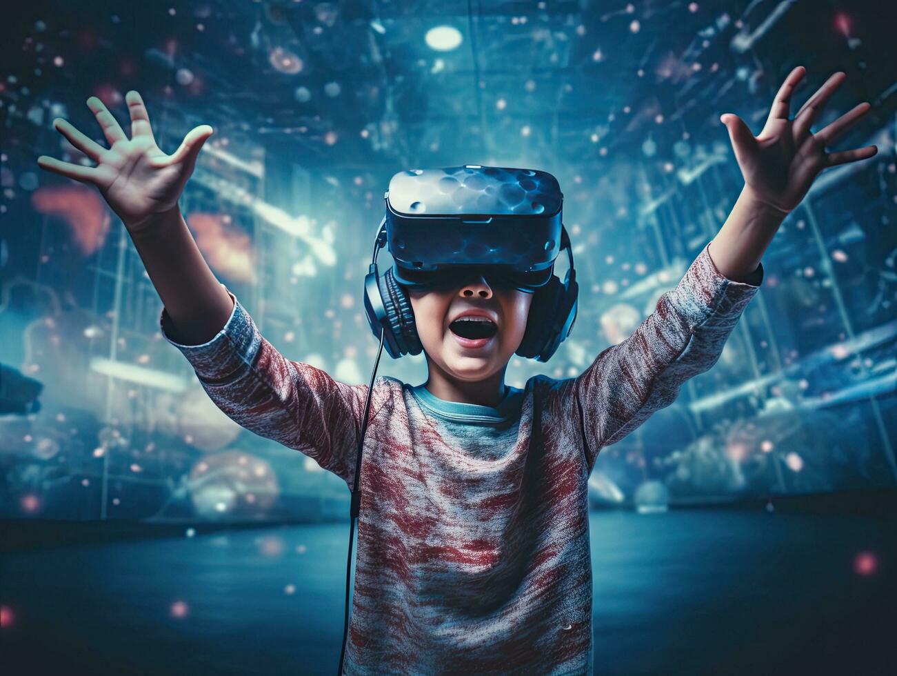 un niño vistiendo un virtual realidad auriculares. generativo ai foto