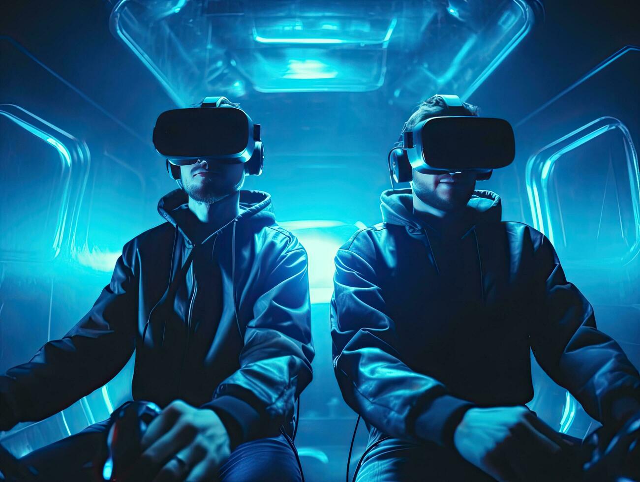Two young men enjoying VR. Generative AI . photo