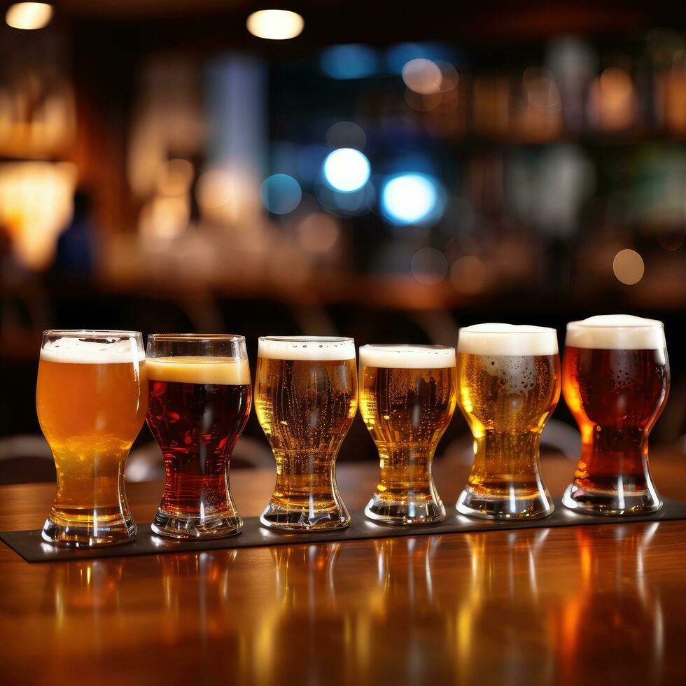 Flight of beer for tasting on a bar counter with a blurred background. photo