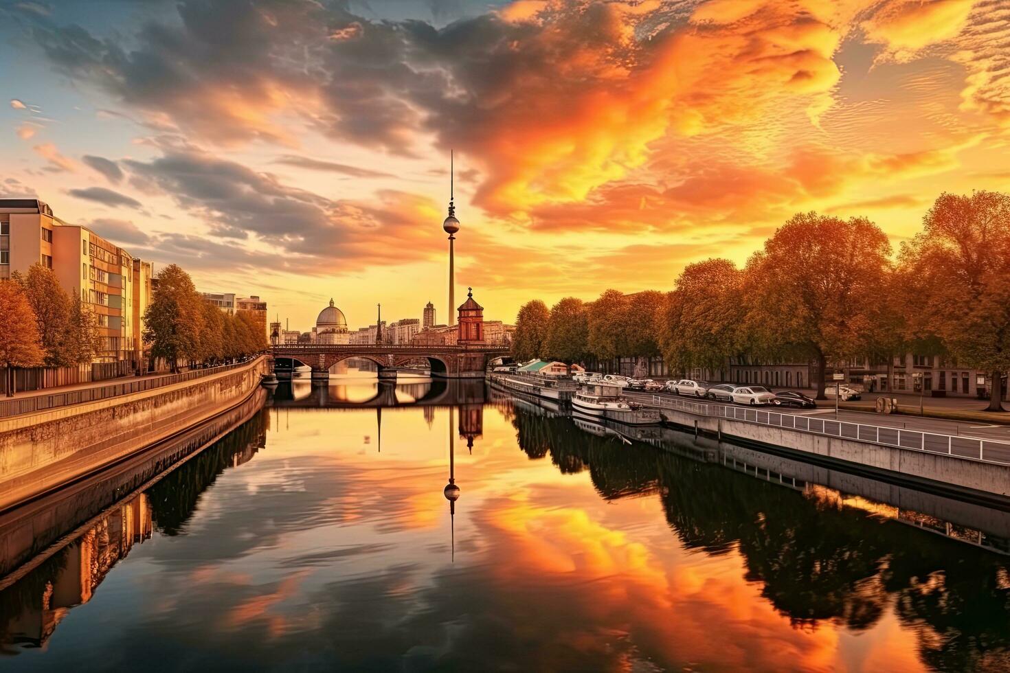 Berlin skyline  Spree river at sunset, Germany ,Generative AI photo