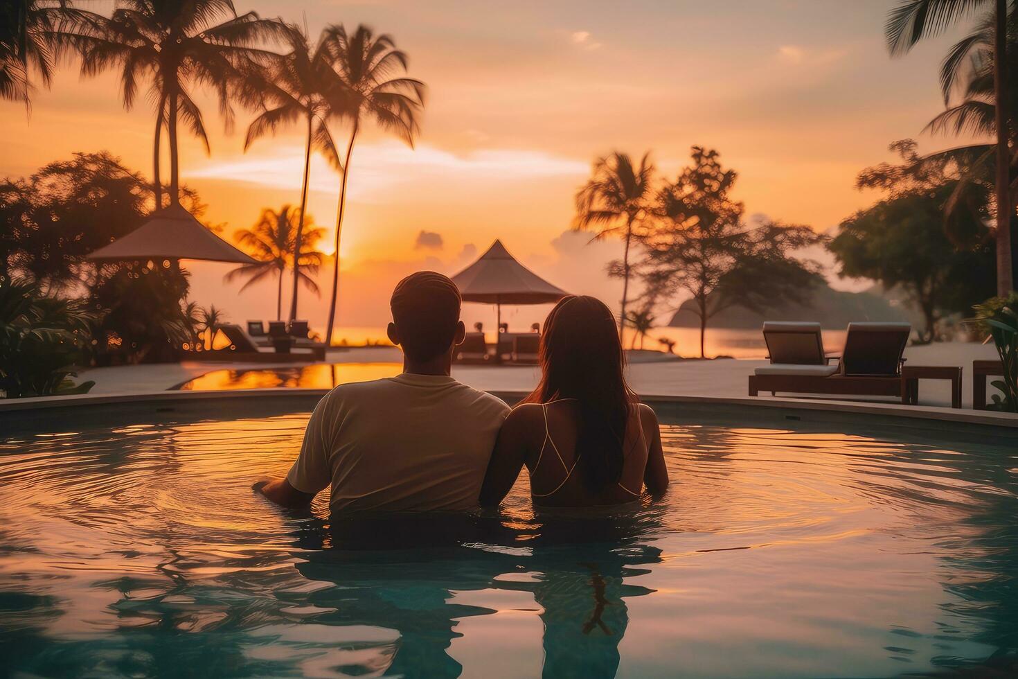 Couple enjoy sunset from  pool at tropical resort hotel while traveling for summer vacation,Generative AI photo