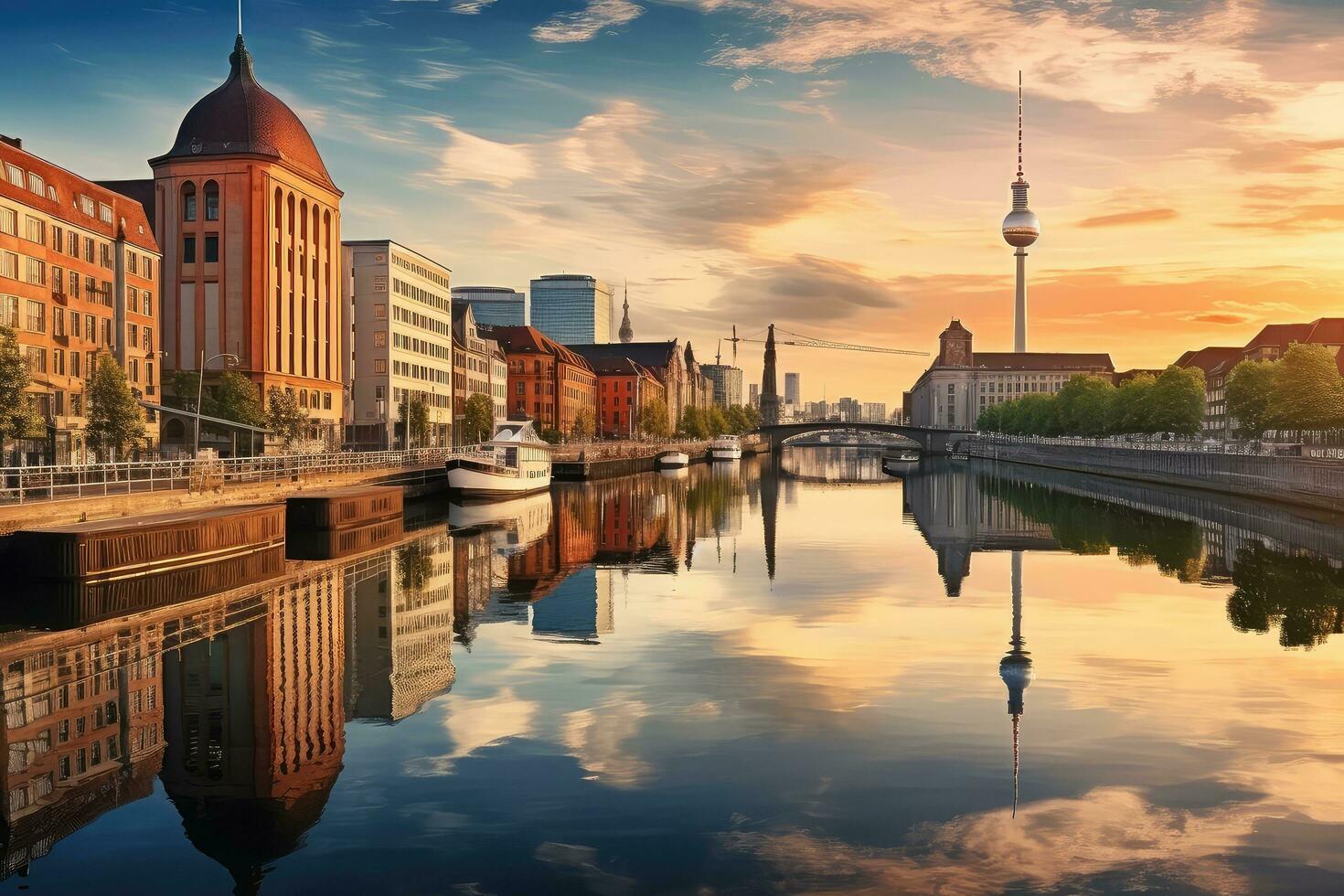 Berlin skyline  Spree river at sunset, Germany ,Generative AI photo