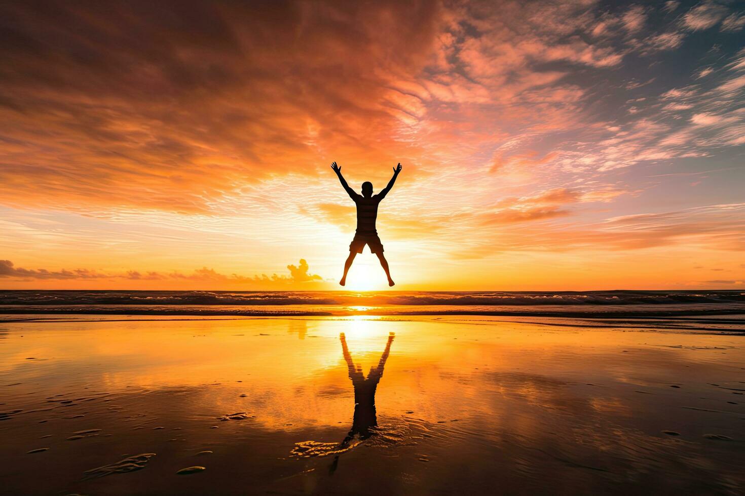 A man jumping on the beach at sunset, silhouettes of happy man on successful ,Generative AI photo