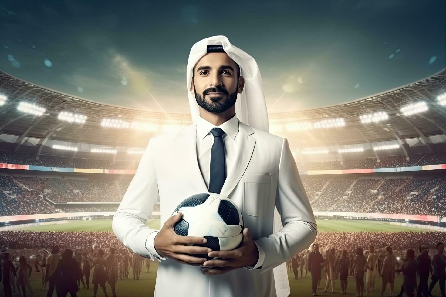 Successful Muslim handsome businessman in traditional white kandoor with Football Stadium and fan club football team in the background. Successful Saudi, Emirati, Arab businessman ,Generative AI . photo