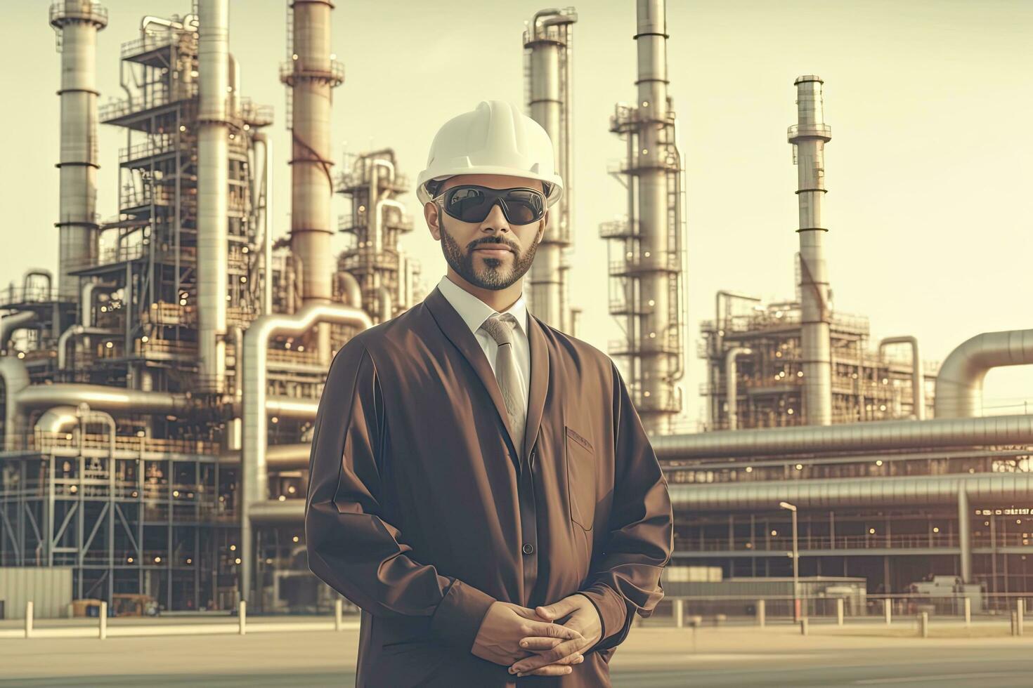 Muslim Arab businessman with an oil pump, oil refinery plant in the background ,Generative AI . photo