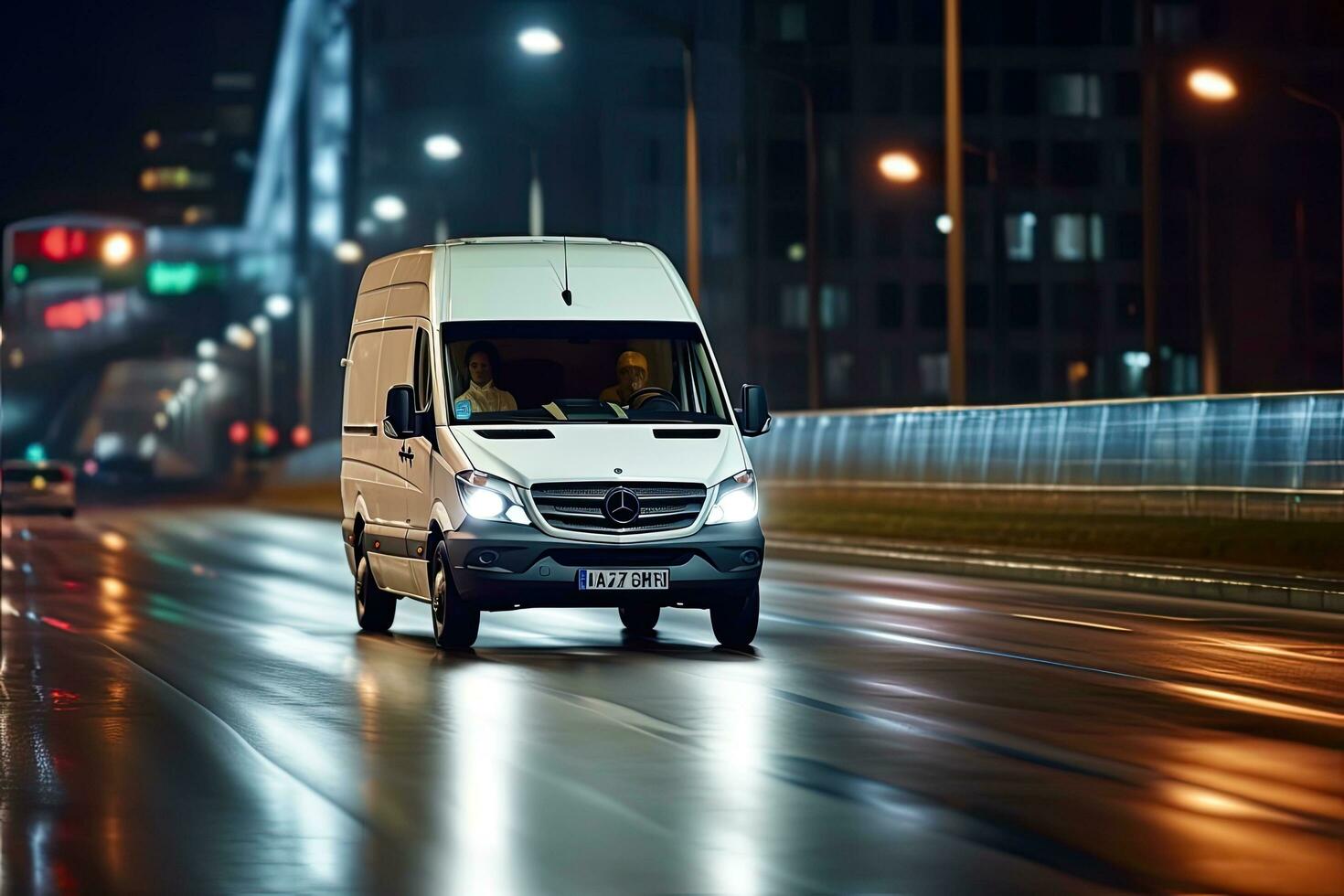 Cargo van moving fast on the road to city suburb. Busines logistics express service. Generative AI . photo