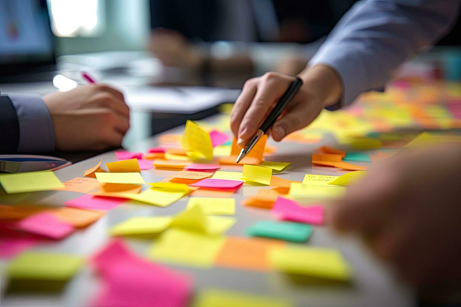 Businesswoman writing on adhesive note in office, Extreme Close Up Generative AI. photo