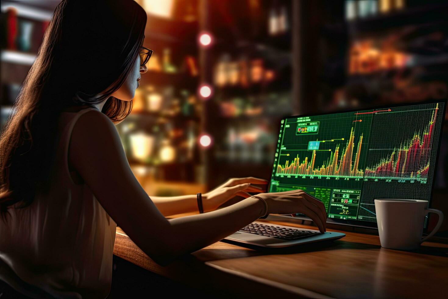 Close up hand woman working with trading graphs in a cafe. Generative AI. photo