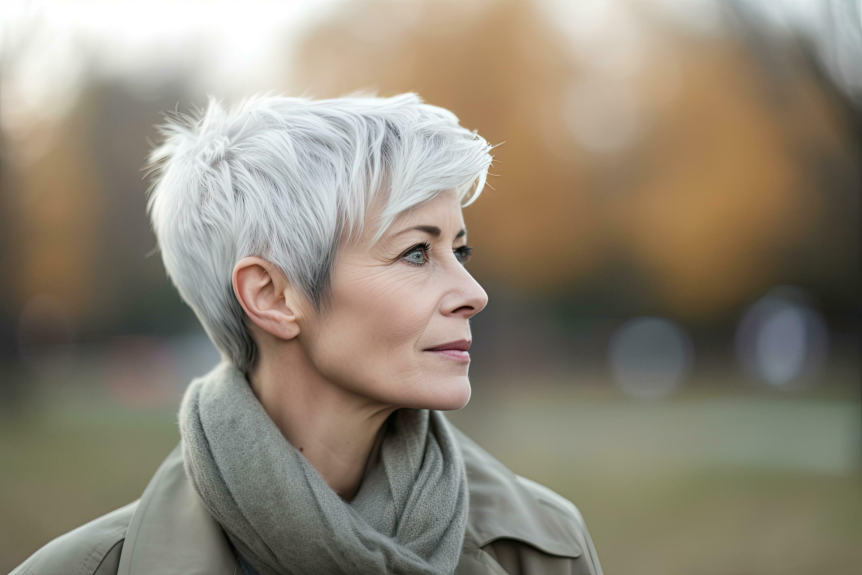 A woman in 60s, short gray hair, Park background , Generative AI