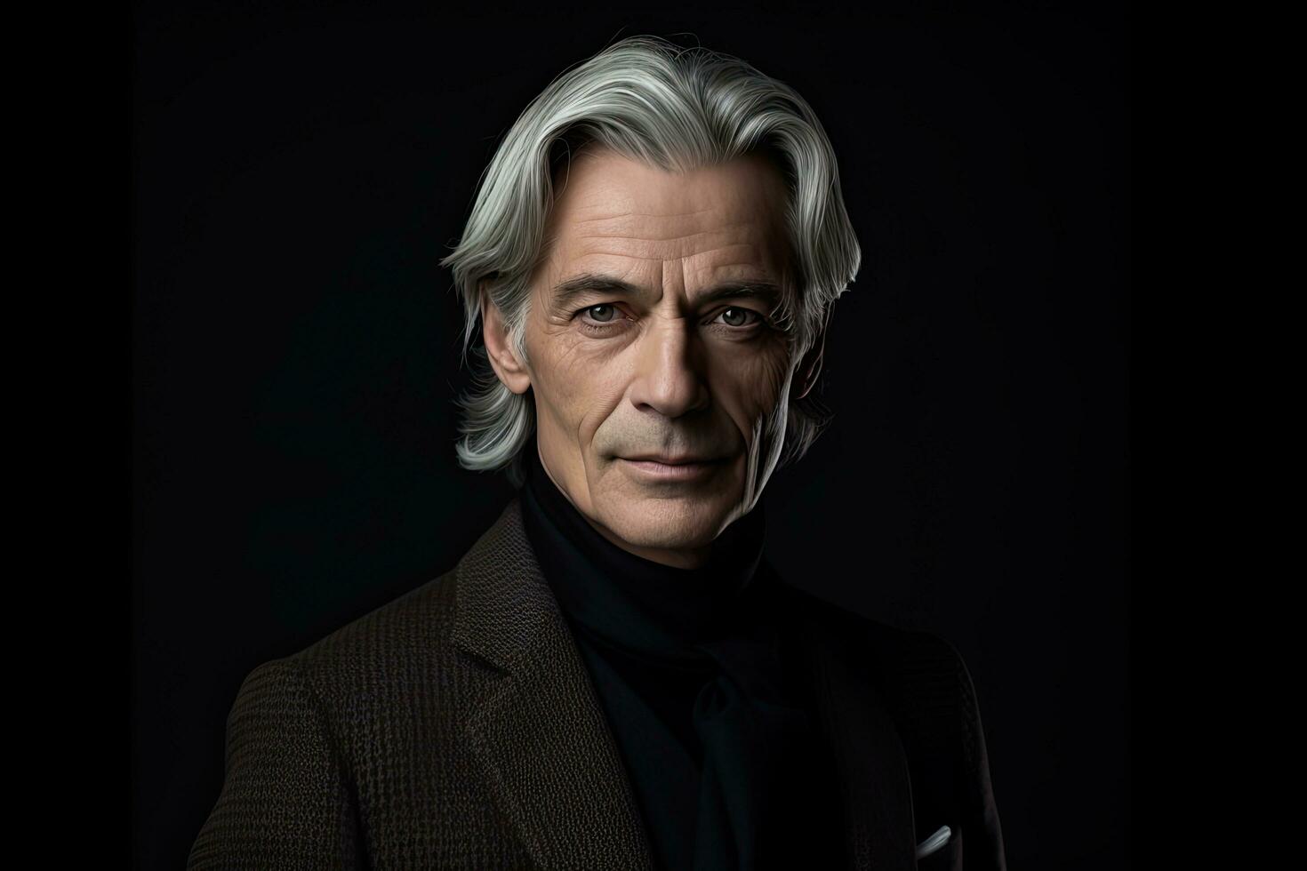 European serious man in 60s, medium gray hair, black background , Generative AI photo