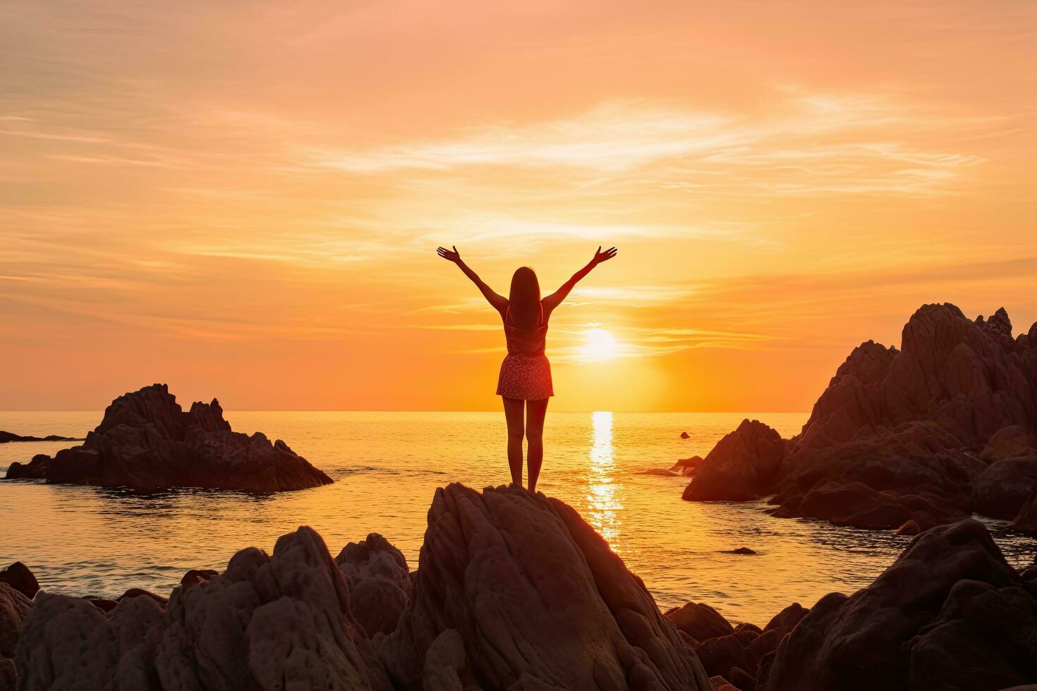 A young woman with outstretched arms enjoying the wind and breathing fresh air on the rocky beach , sunset , Generative AI. photo