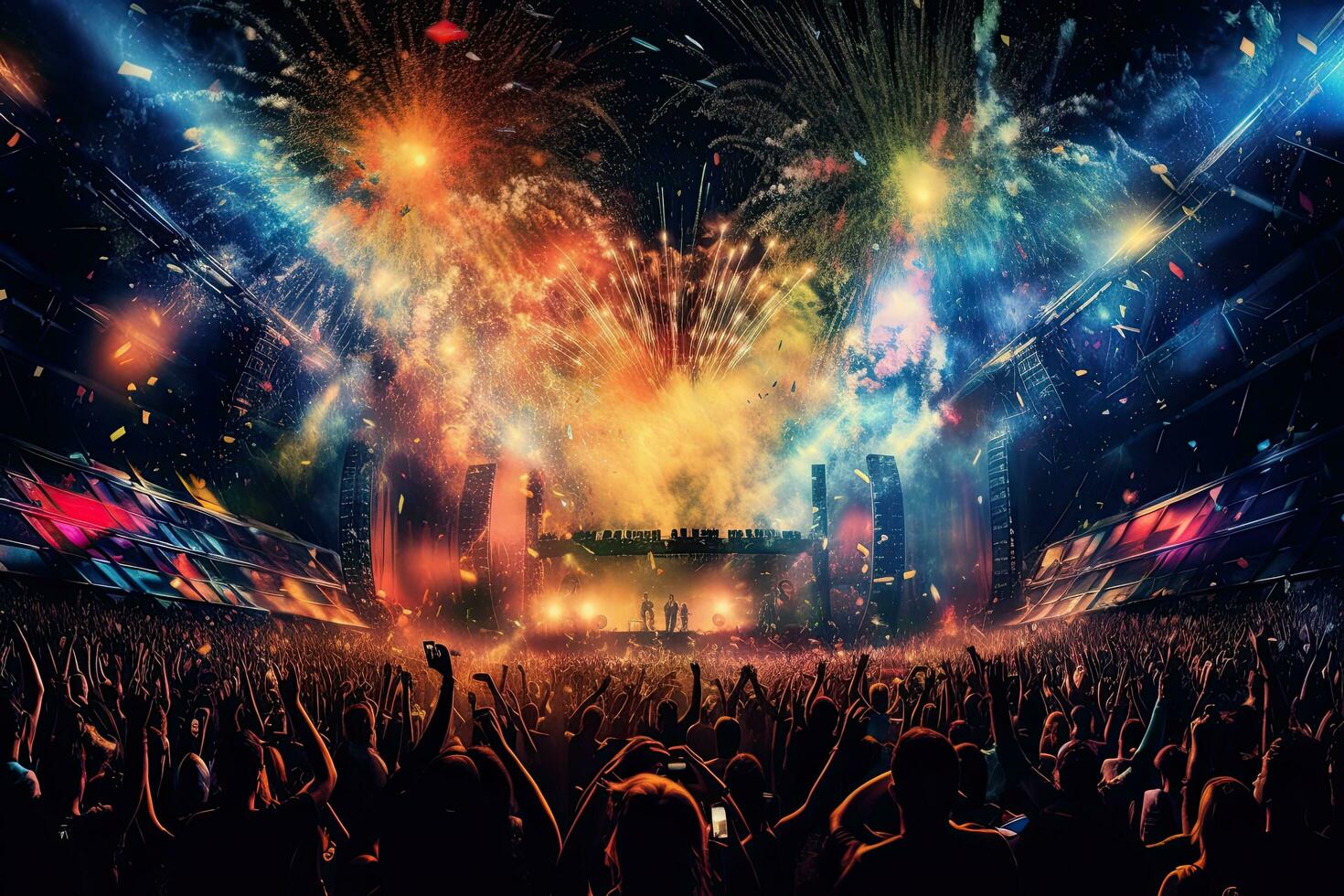 Edm party's on festival at building tall background , Generative AI. photo