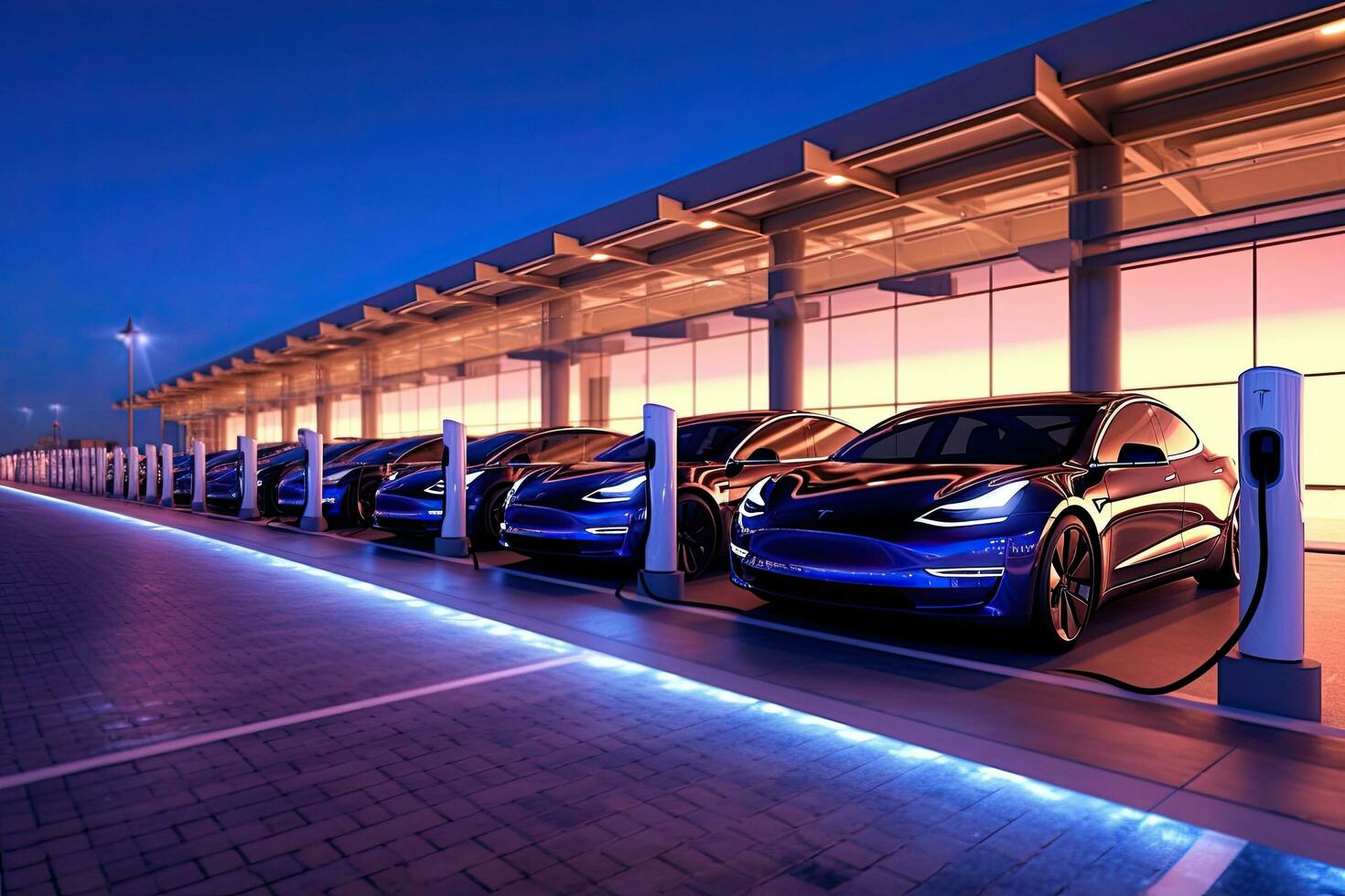 EV electric cars charging at a public charging station, Generative AI . photo