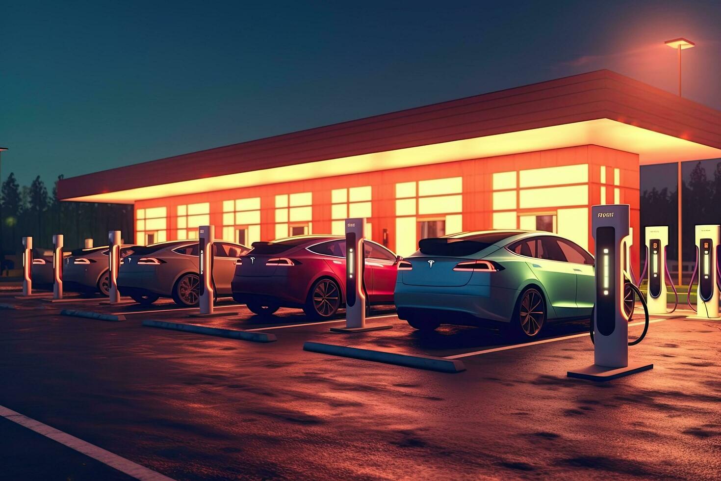 EV electric cars charging at a public charging station, Generative AI . photo