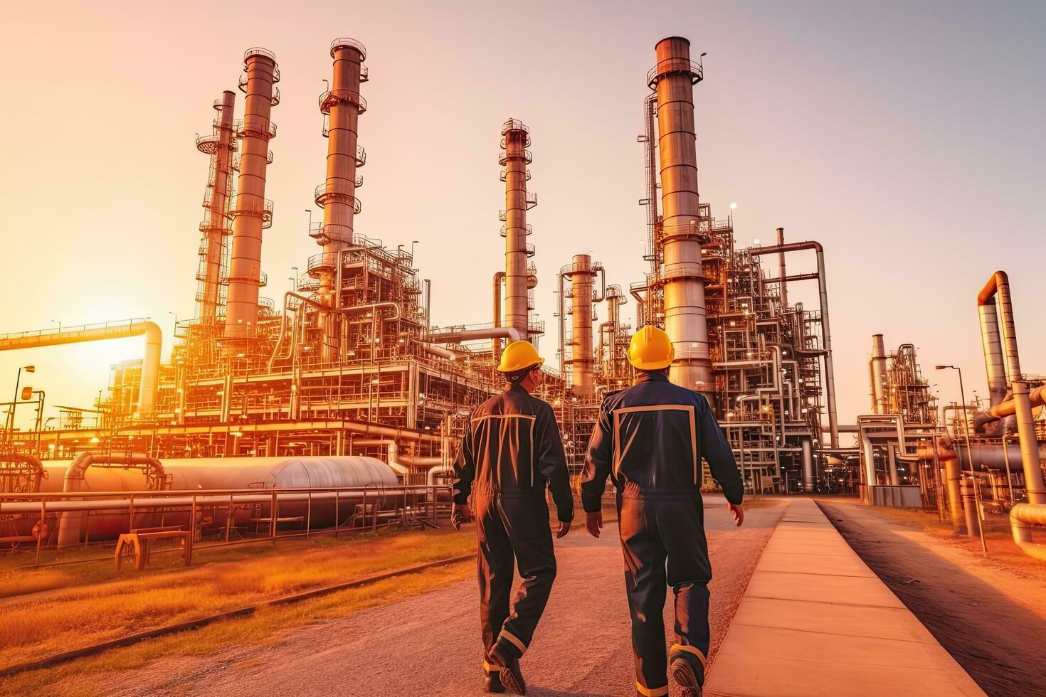 Team industry engineer are working and discussing at front oil and gas industrial factory,Oil refinery plant for industry , drone view ,Generative AI . photo