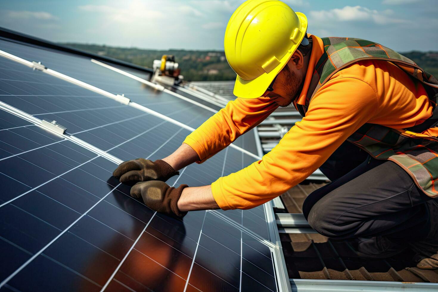 Engineer installing solar panels, on the roof, electrical technician at work, Generative AI . photo