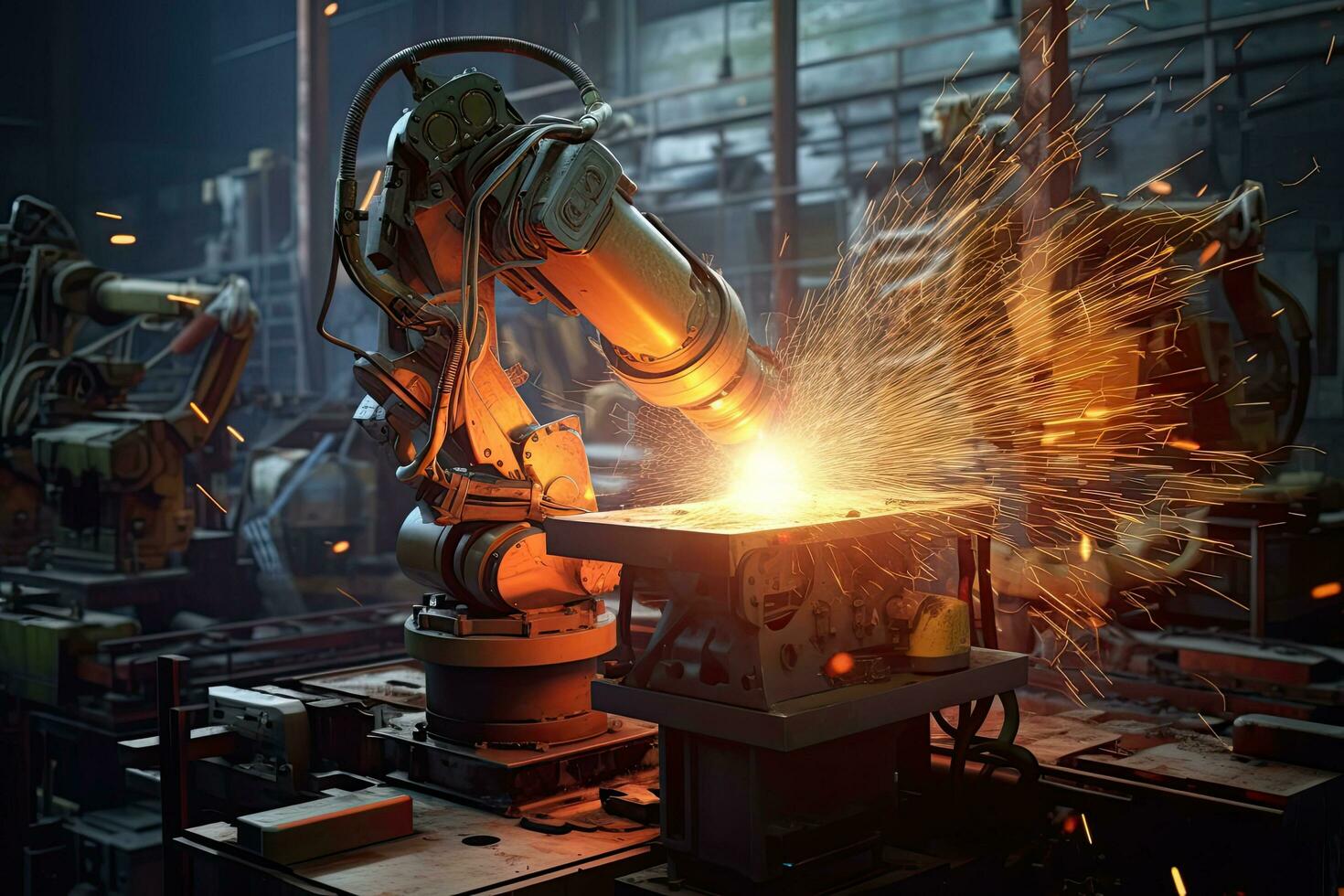 Robotic arms in a car plant at line  factory , Generative AI . photo