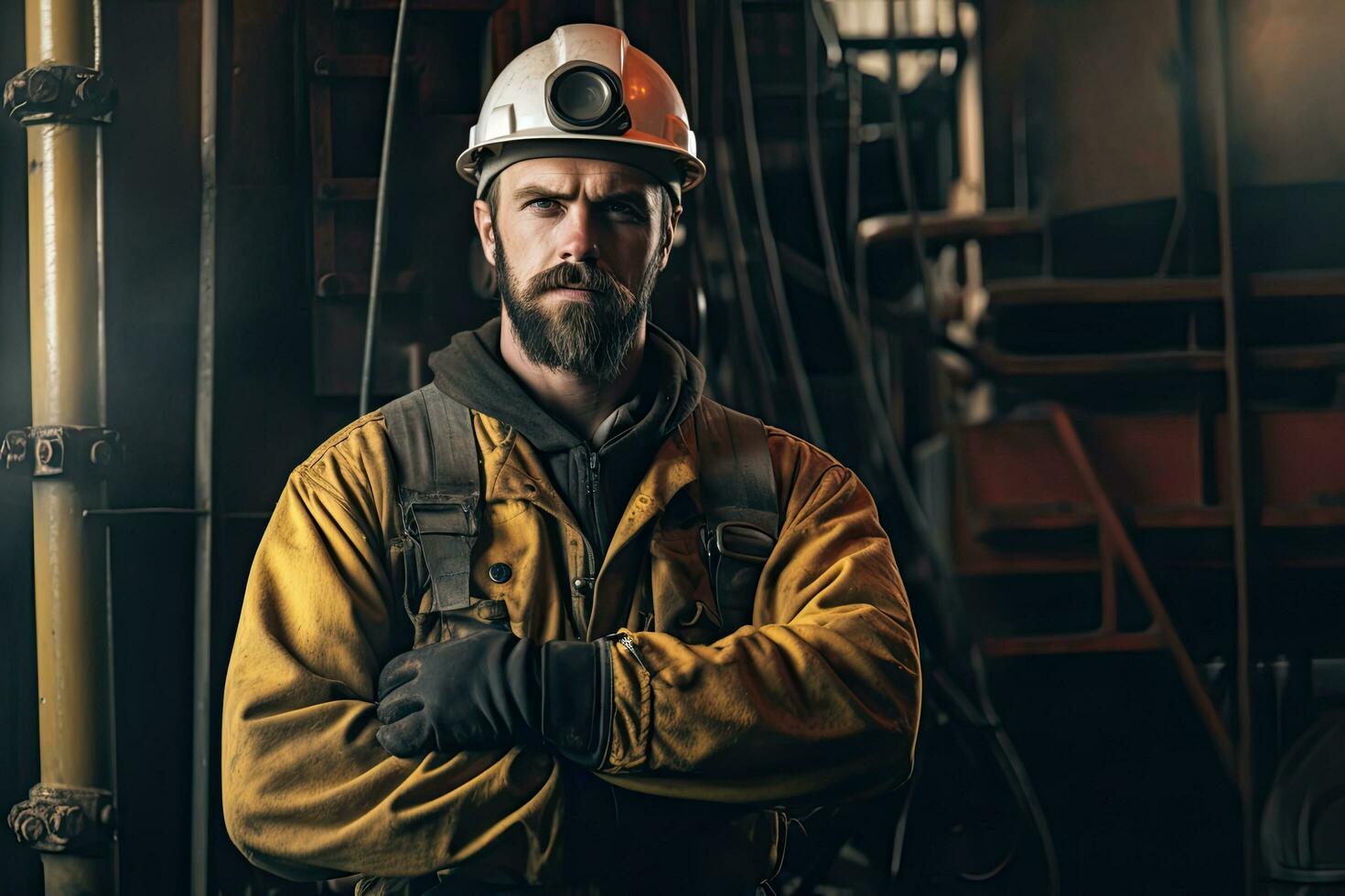 Industrial director standing near factory outside. Generative AI . photo
