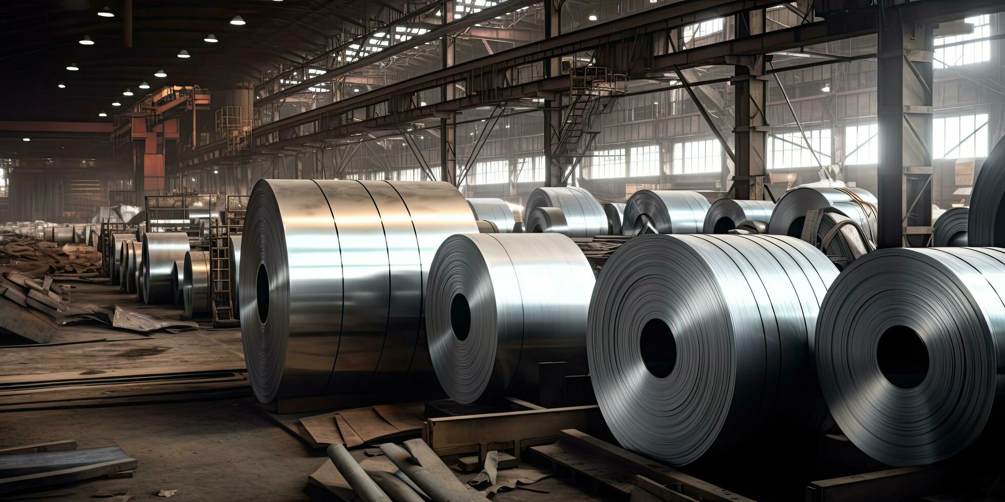 Roll of steel , colour , sheet in factory , Generative AI . photo