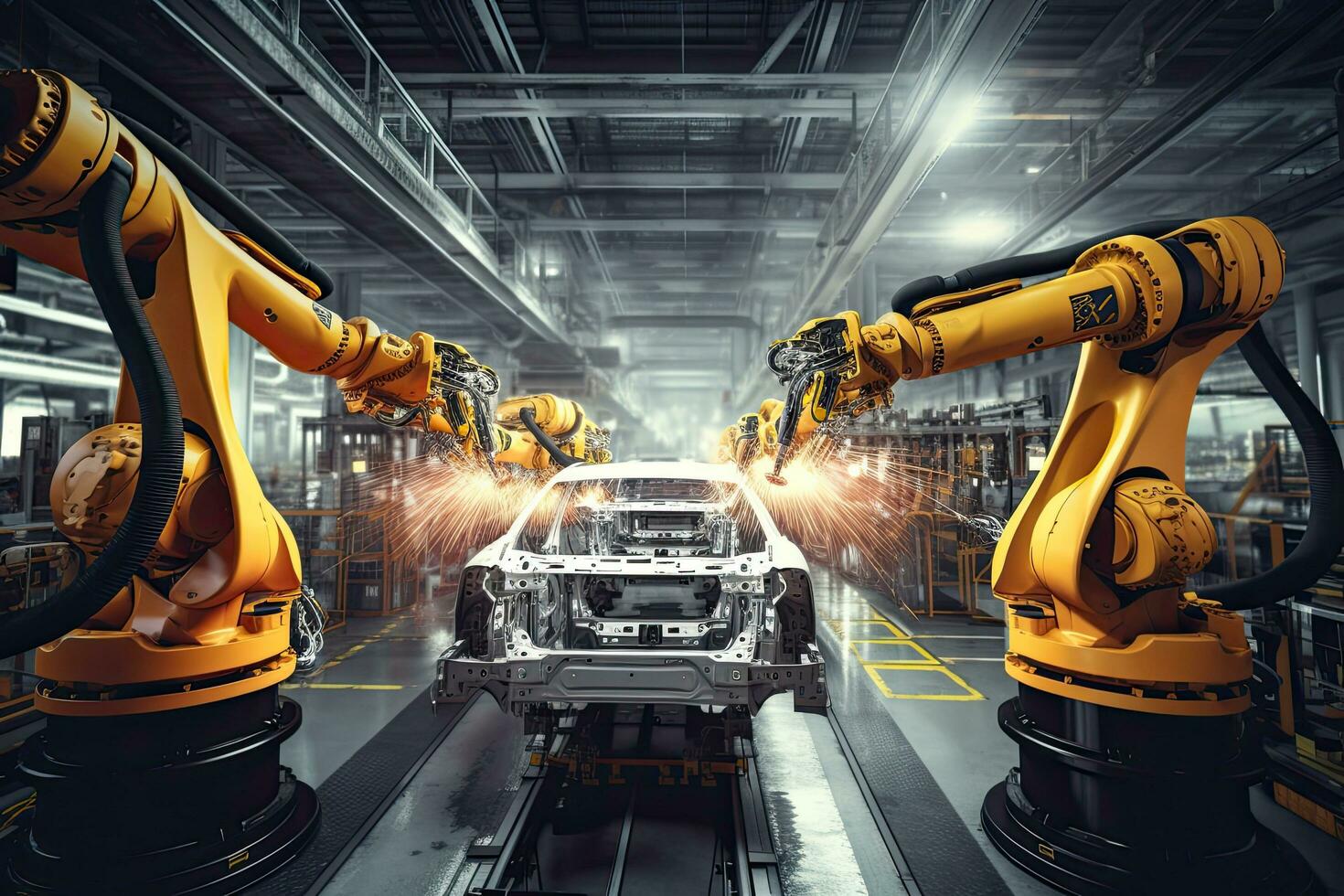 Robotic arms in a car plant at line  factory , Generative AI . photo