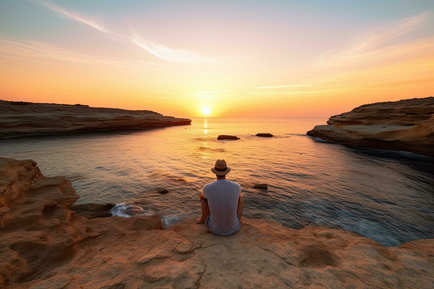 A young man traveler watches a beautiful sunset ,Generative AI . photo