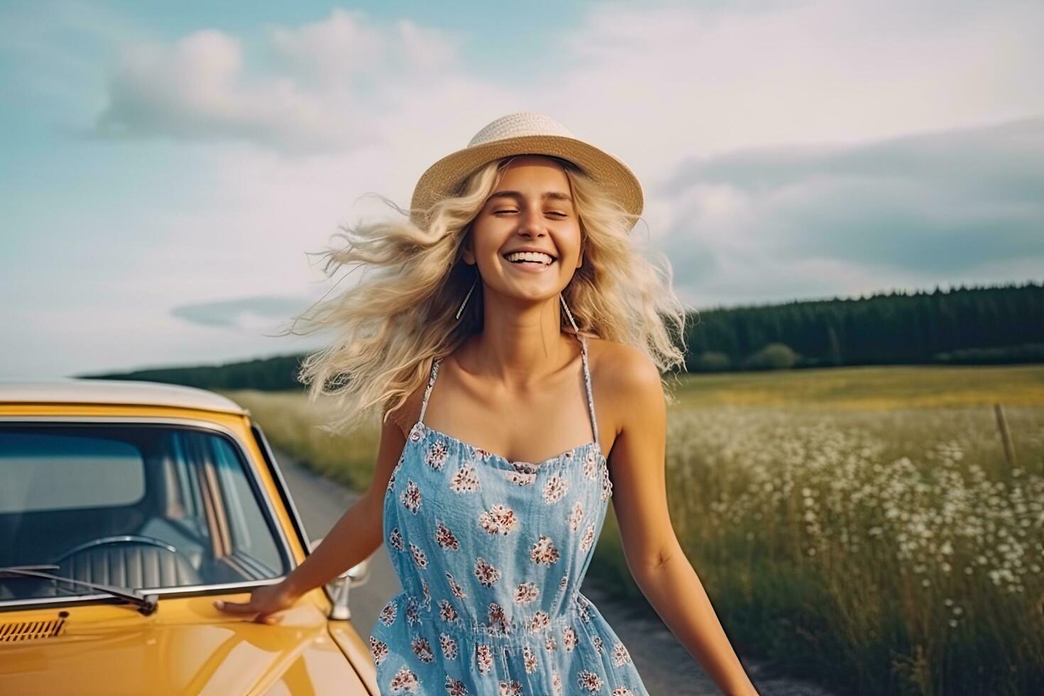 Happy beautiful caucasian woman travel on the road with window a car , Generative AI photo