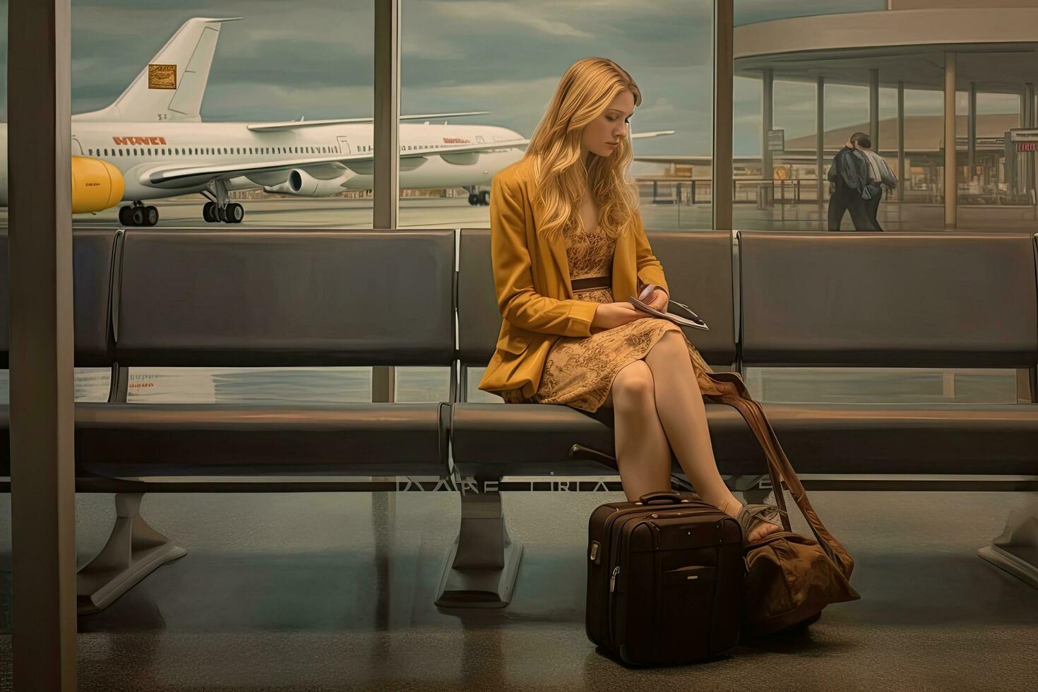 Happy woman in the airport ,Generative AI photo