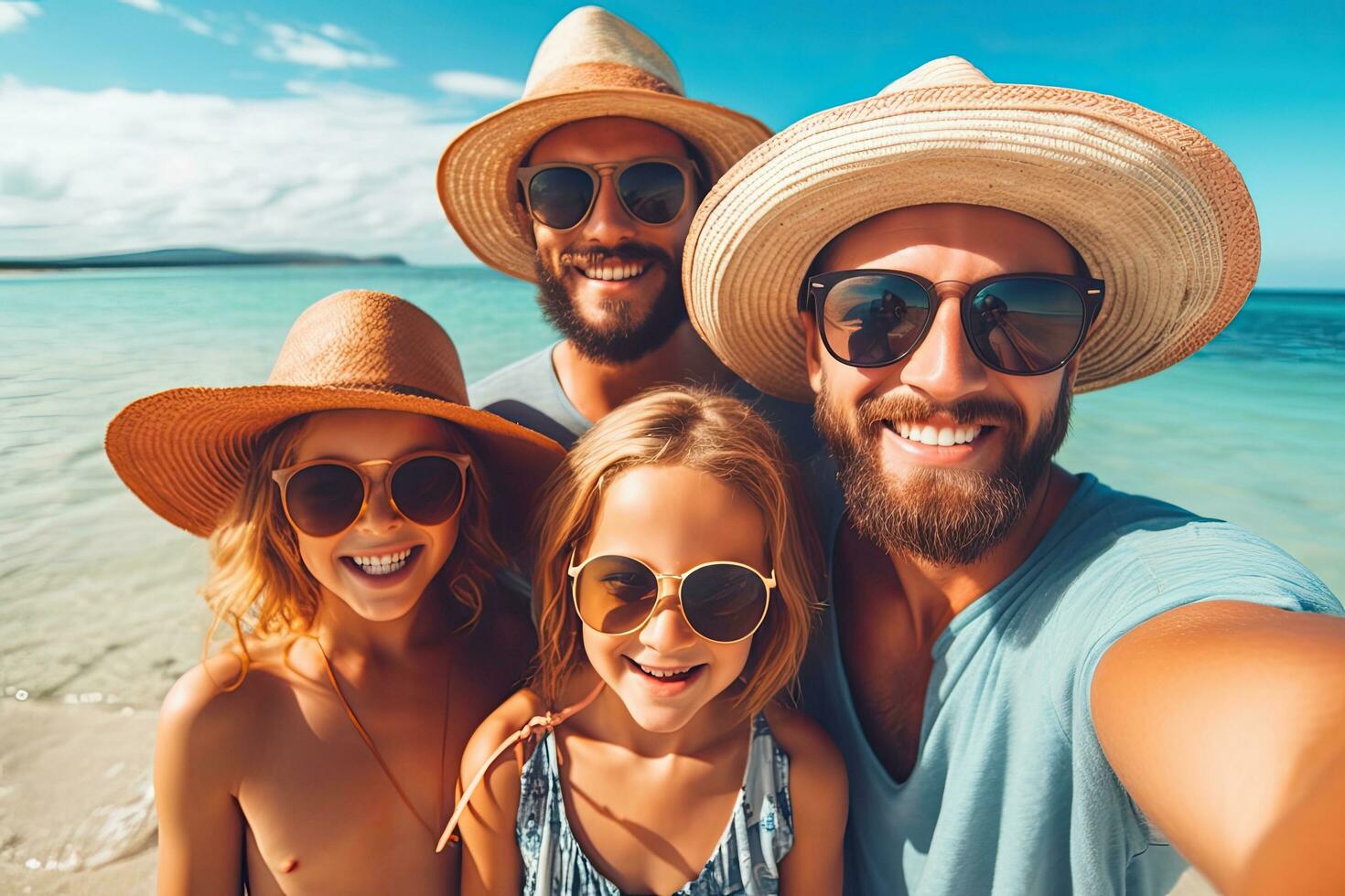 contento familia viaje y tomar un selfie en vacaciones ,generativo ai foto