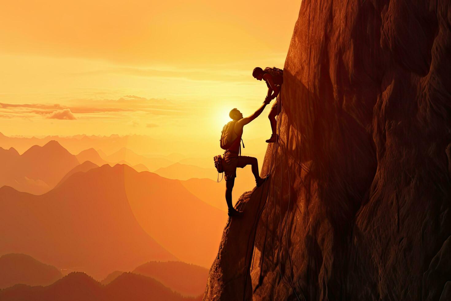 Teamwork couple climbing helping on top of cliff at sunset ,Generative AI photo