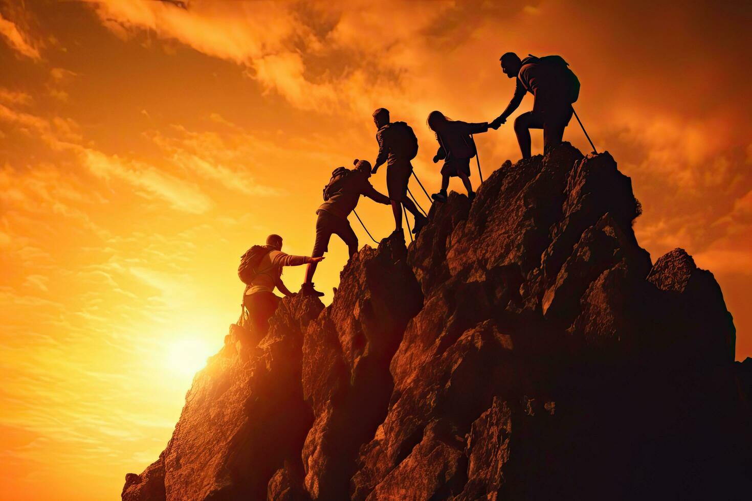 Teamwork climbing helping on top of cliff at sunset ,Generative AI photo