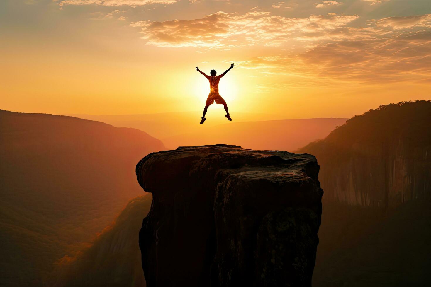 Young success jump standing on top of cliff at sunset ,Generative AI photo