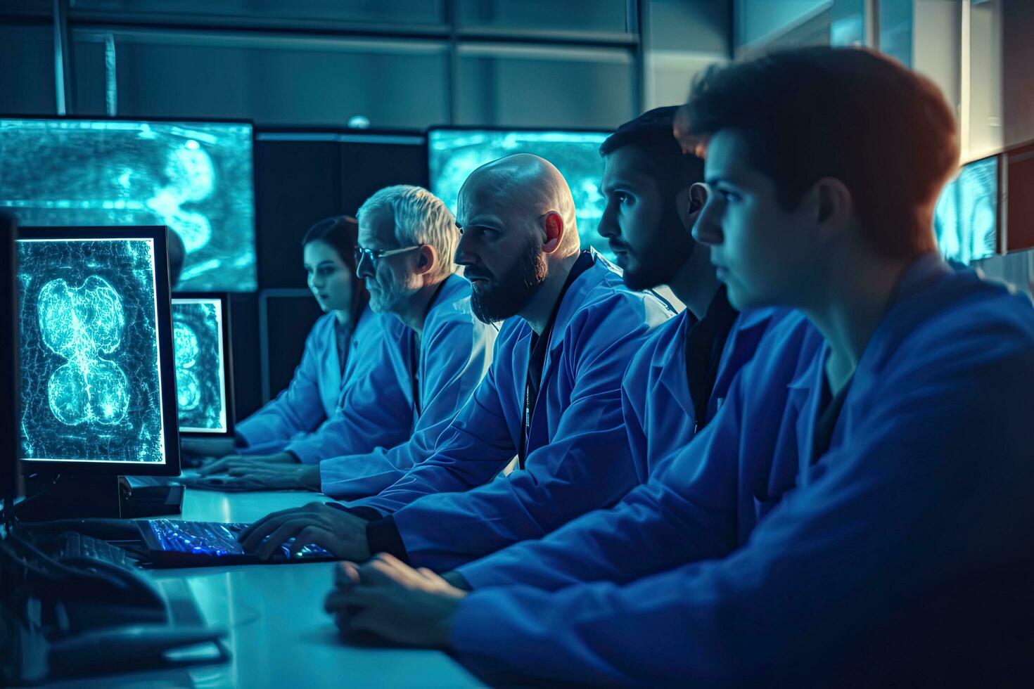 Professional TeamWork  Research Laboratory. Neuroscientists Surrounded by Monitors Showing CT, MRI Scans Having Discussions and Working on Personal Computers ,Generative AI. photo