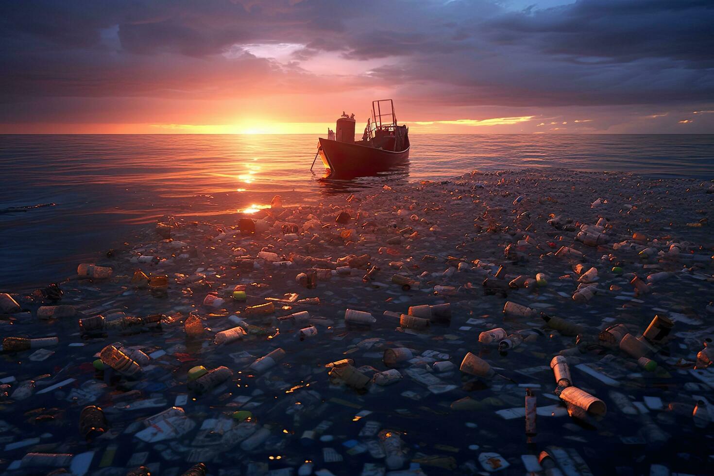 Garbage from plastic bottles in the sea , sunset ,Generative AI photo