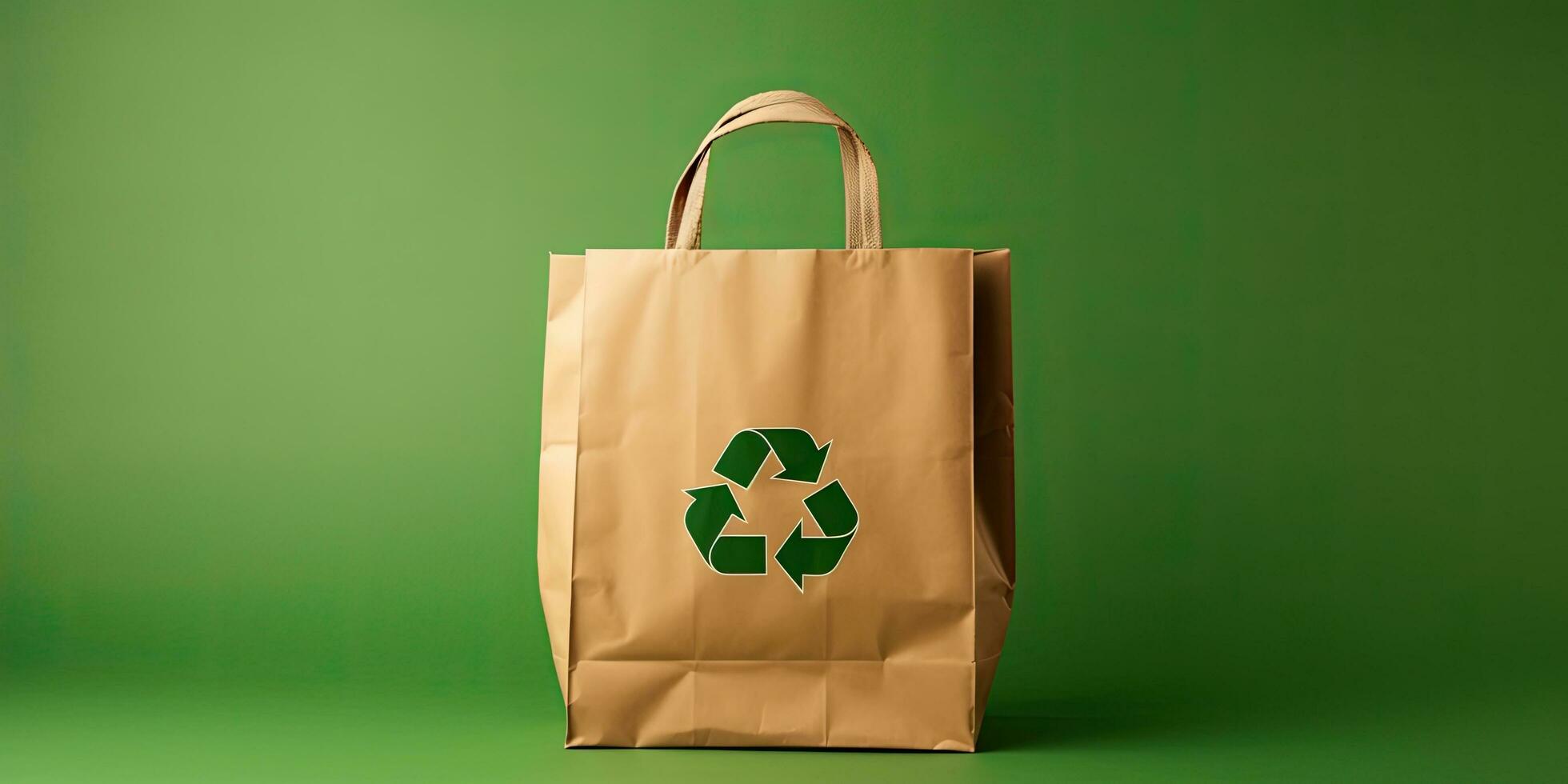 Paper bag with recycling symbol on green background with copy space ,Generative AI photo