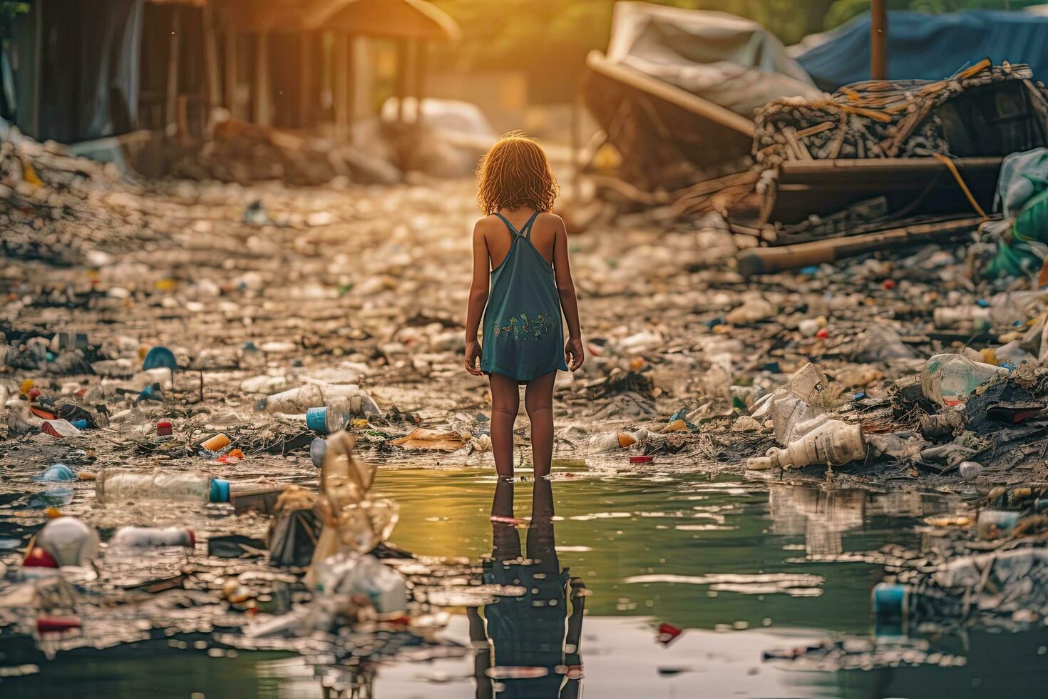 niño mirando a un lote de el plastico residuos en el agua generativa ai . foto