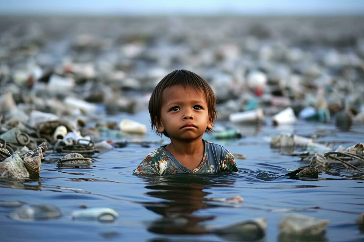 Child looking at a lot of plastic waste in the water,Generative AI . photo