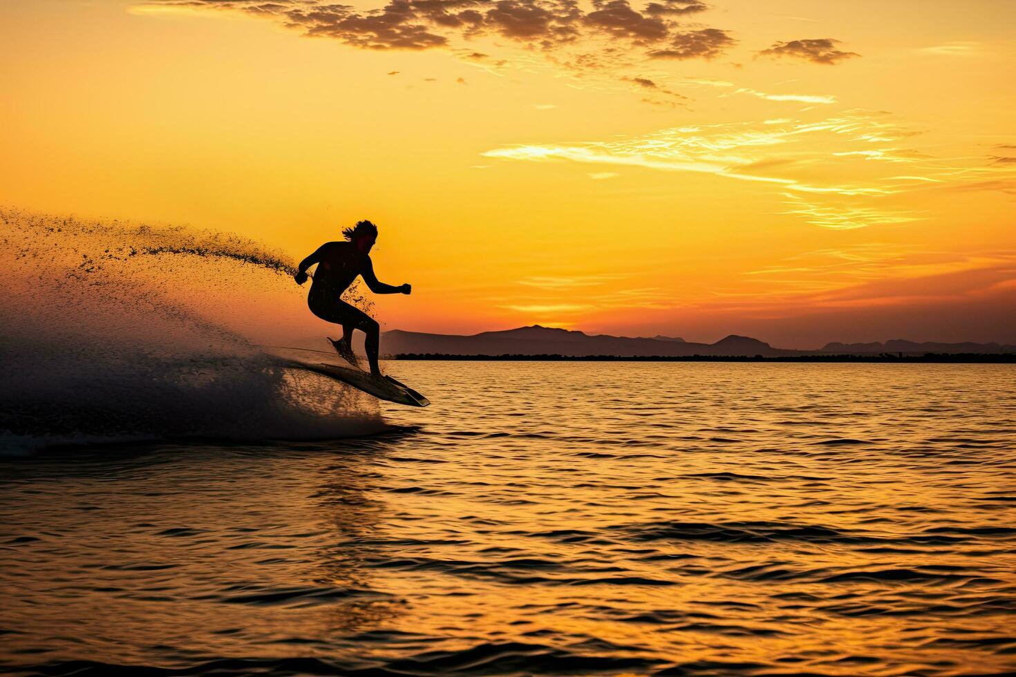 Silhouette of a man on a wakeboard taking off over. Generative AI. photo