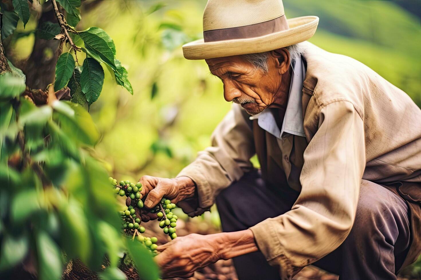 antiguo hombre sur America granjero cosecha café frijoles a granja ,generativo ai foto