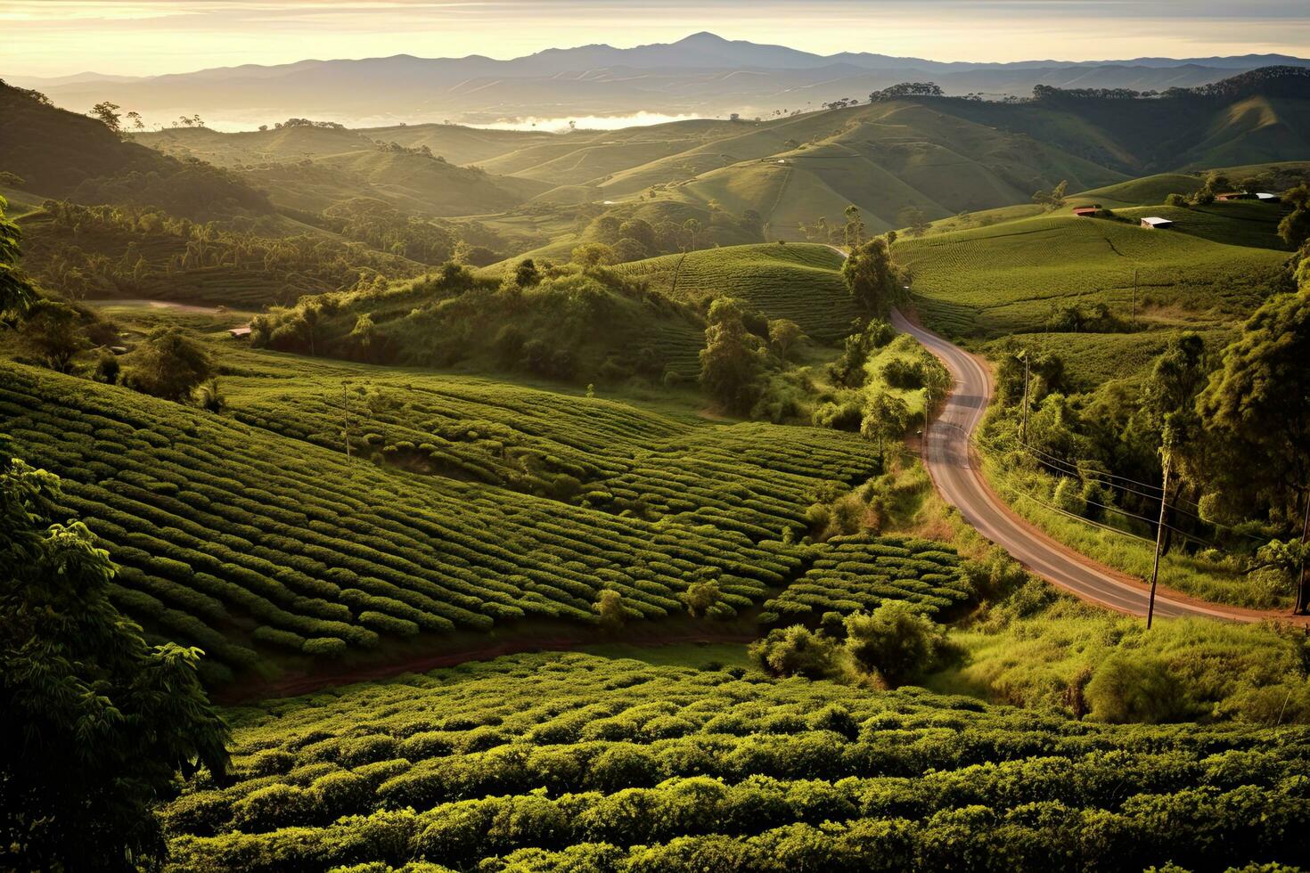 Coffee plantations of South America with a skyline with mountains in the background ,Generative AI photo