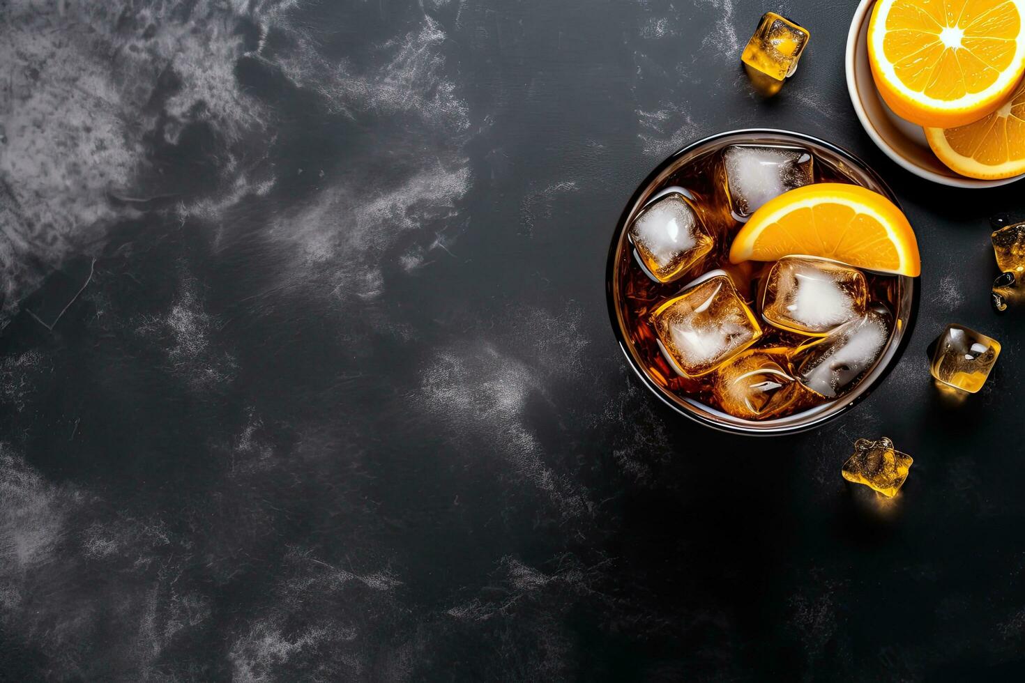 Topview of black table topped with Iced coffee , copy space ,Generative AI photo