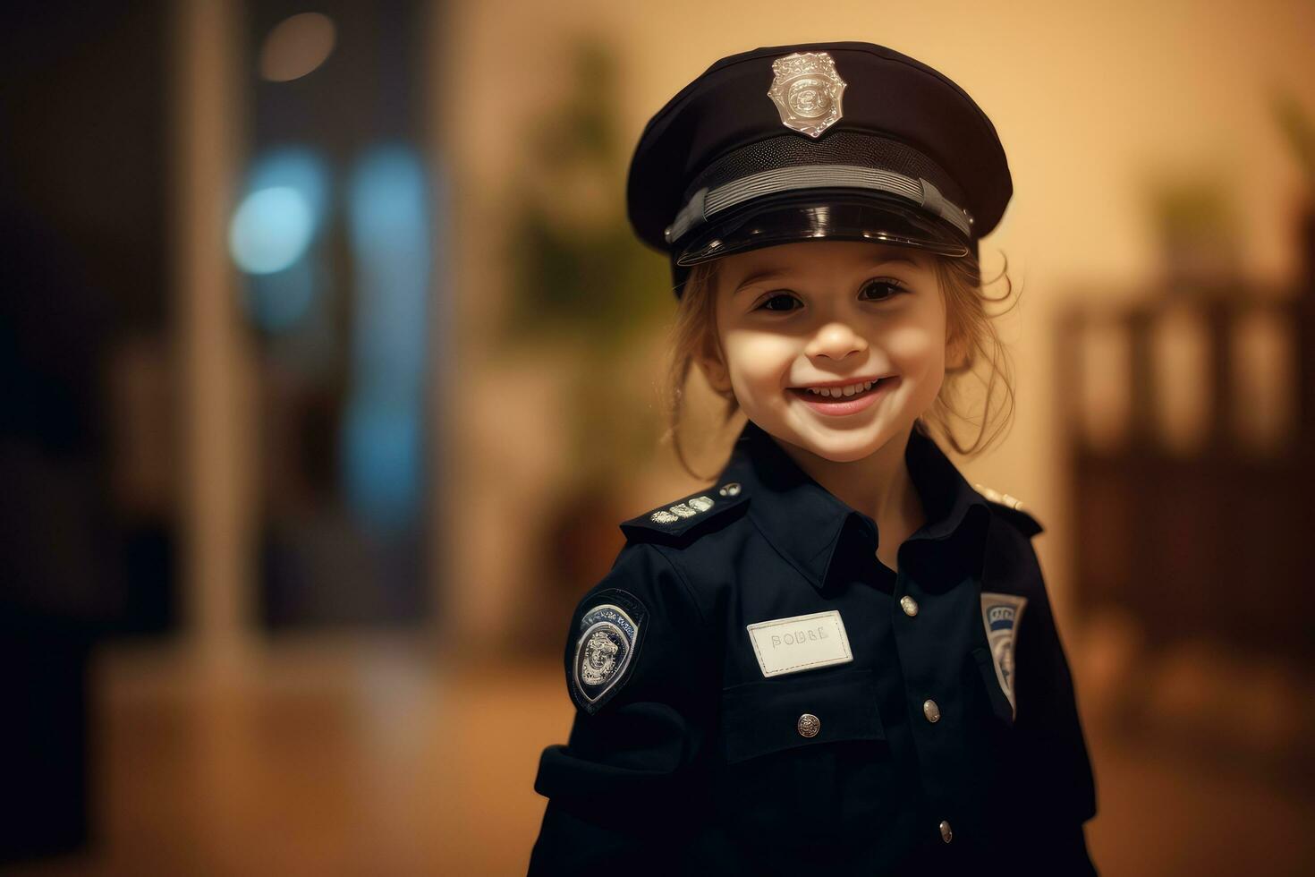 Happy child playing Police Officer at indoor  ,Generative AI. photo
