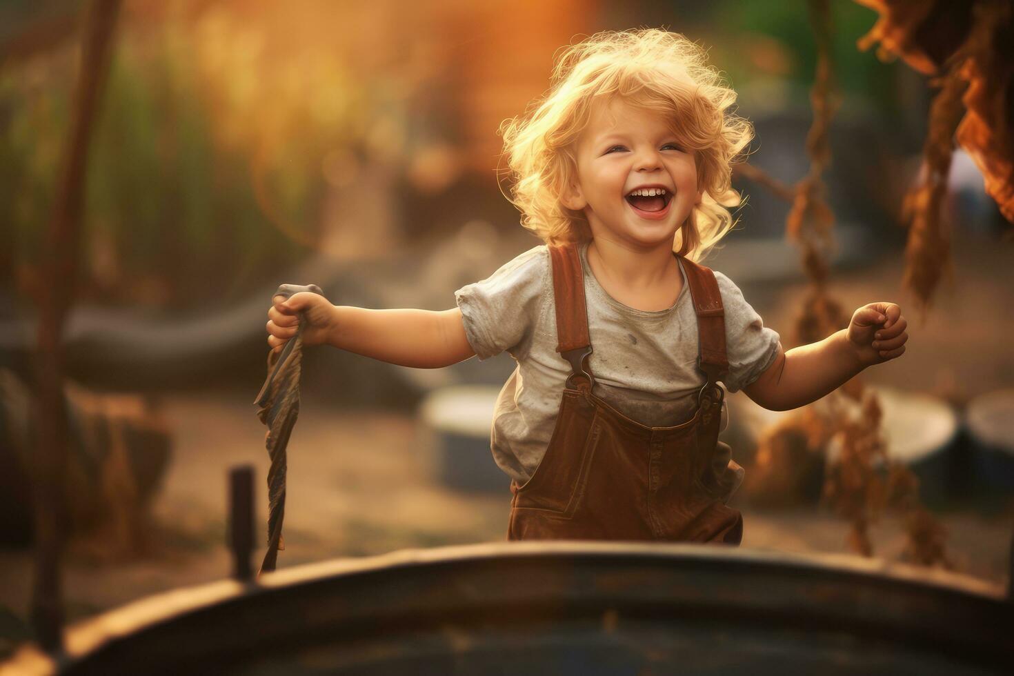 Happy child playing outdoors , copy space ,Generative AI. photo