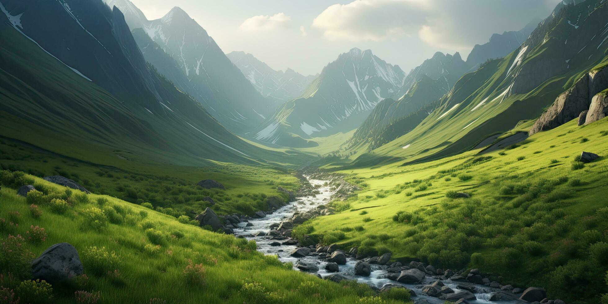 Mountain landscape, beautiful , green ,Generative AI. photo