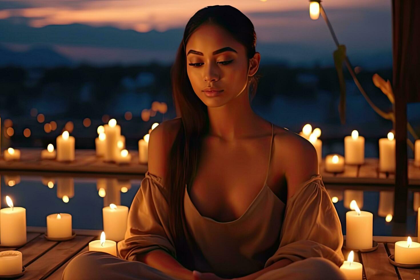 A young woman meditating on the terrace of her house surrounded by candles at dusk to improve her mental health , Generative AI photo