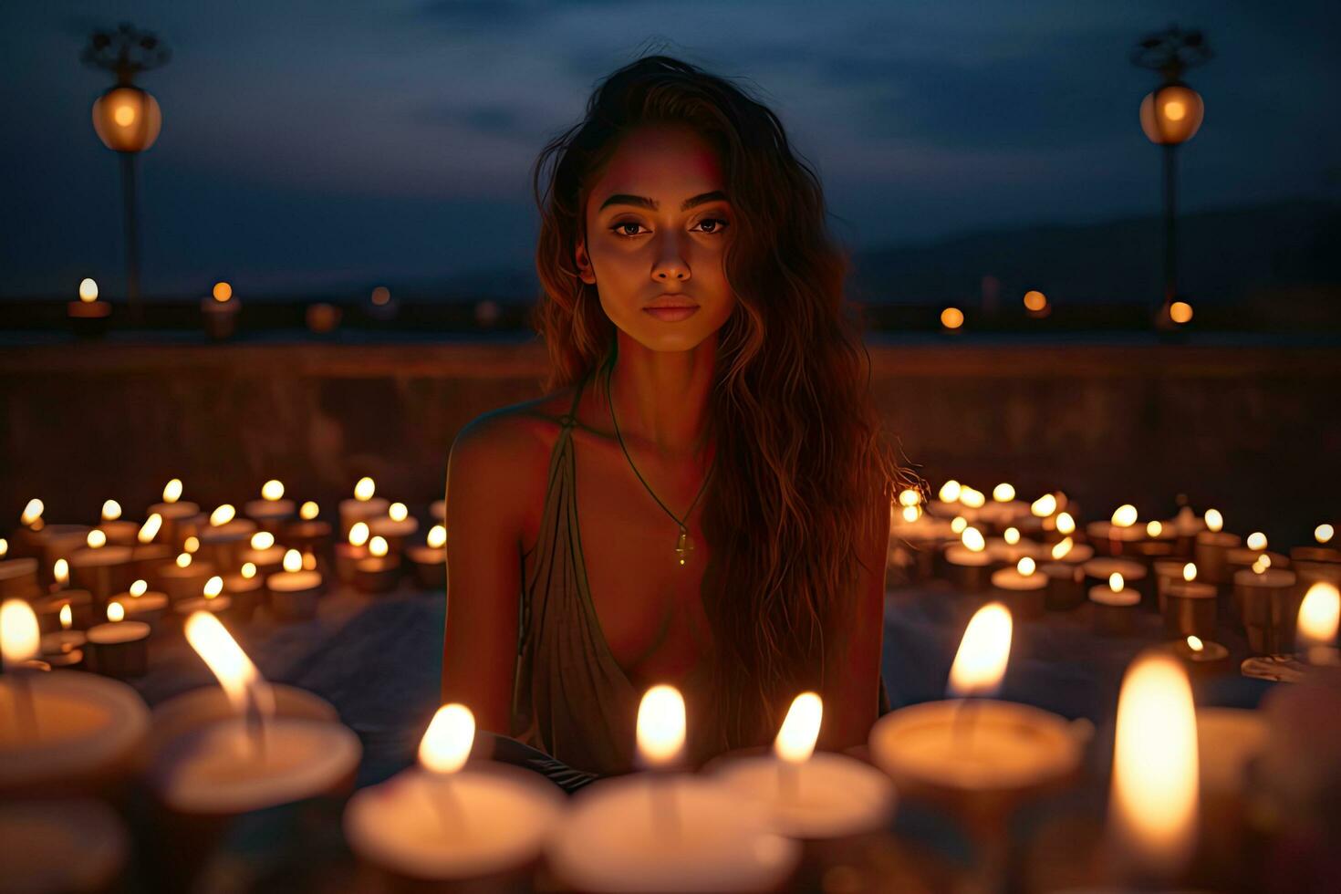 A young woman meditating on the terrace of her house surrounded by candles at dusk to improve her mental health , Generative AI photo