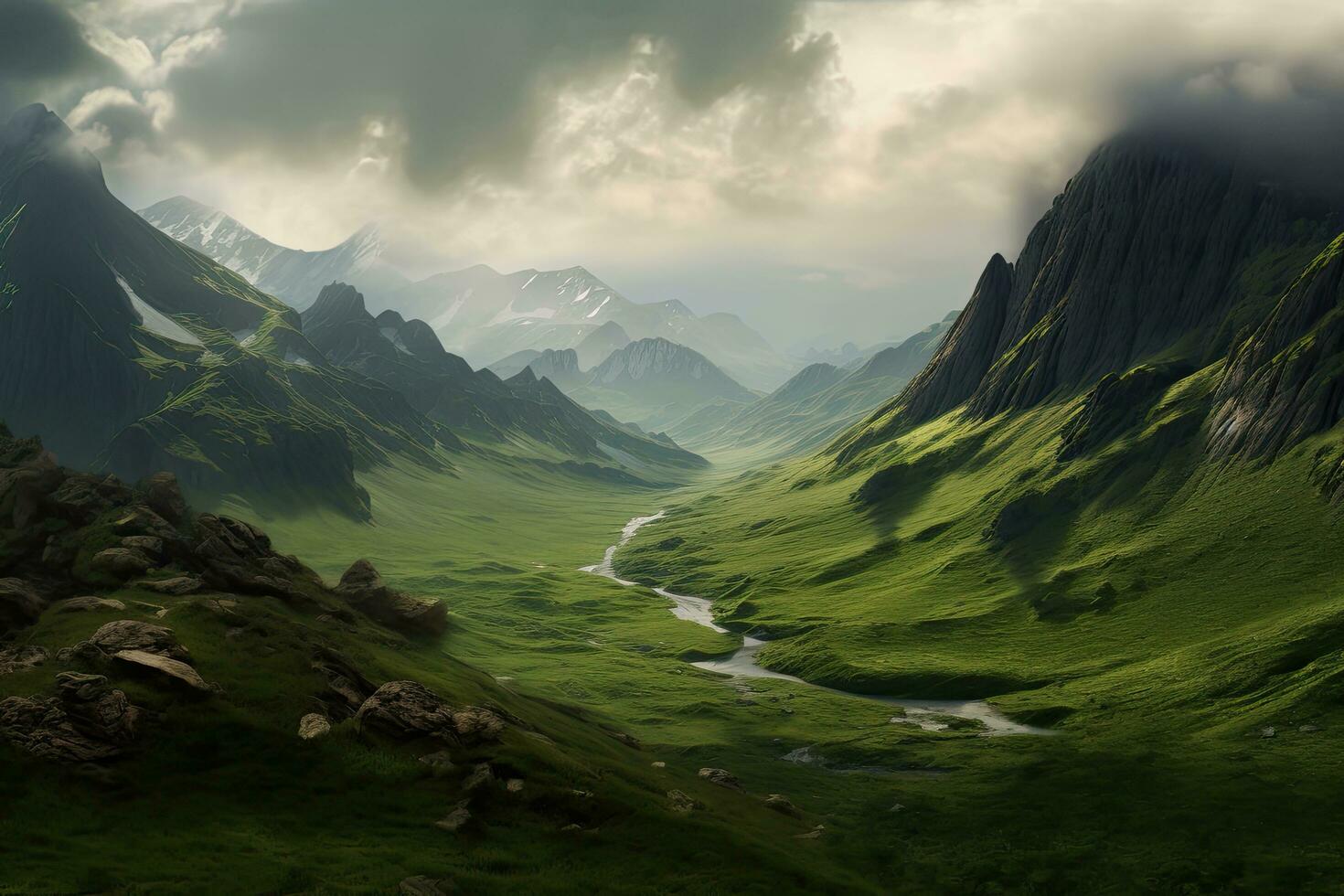 Beautiful of morning wild nature green high in mountains ,Generative AI. photo