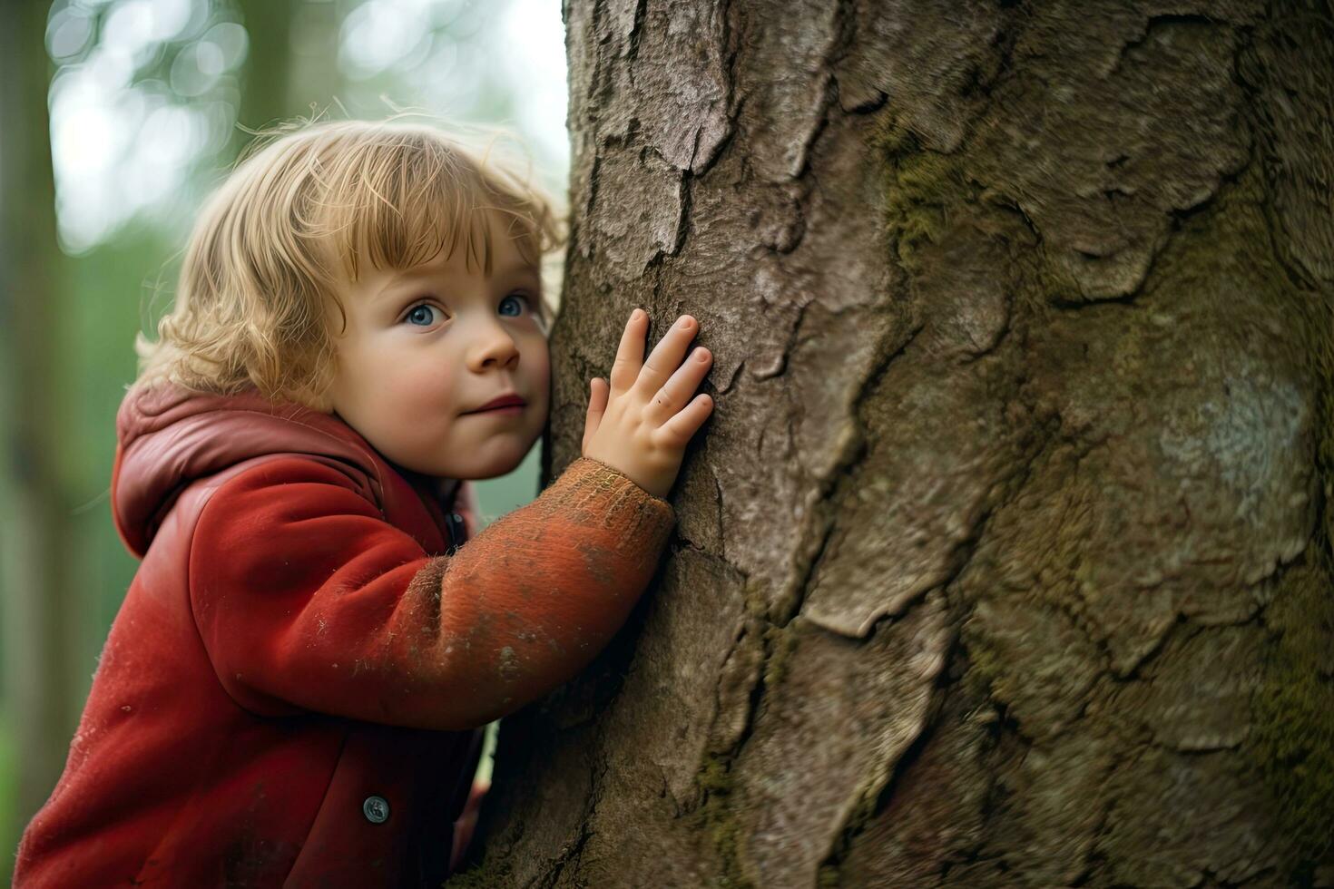 A child hugging tree with love ,Generative AI. photo