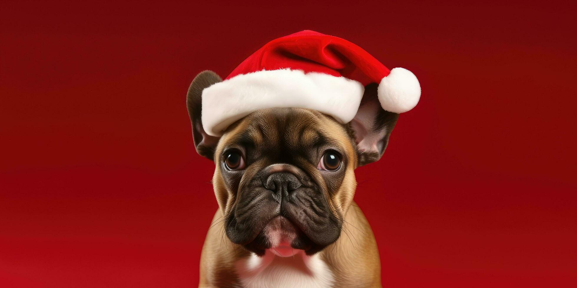 Cute dog with a Santa's Hat on a Red Background with Space for Copyspace ,Generative AI. photo